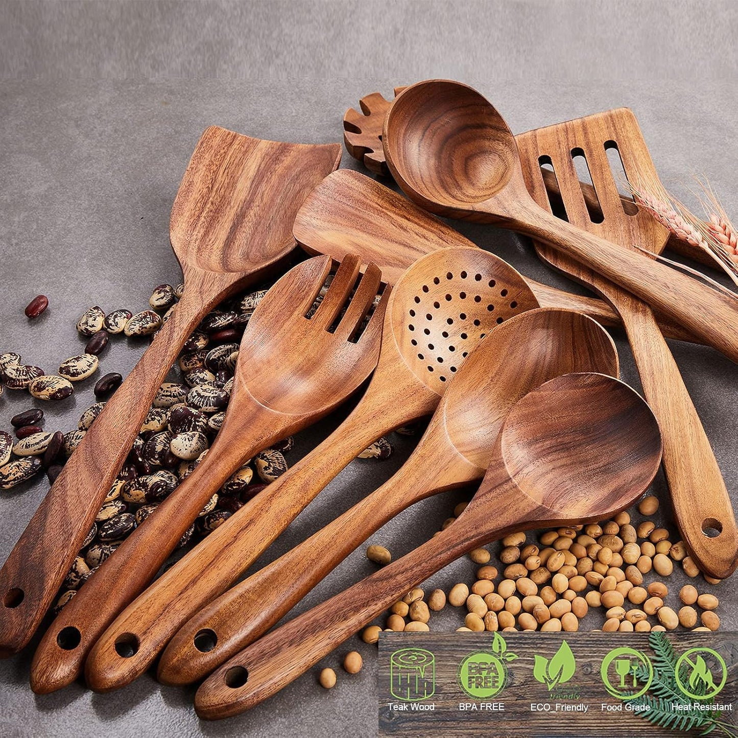 Wooden Kitchen Utensils Set, 9 PCE Natural Teak Wooden Spoons for Non-Stick Pan for Cooking,