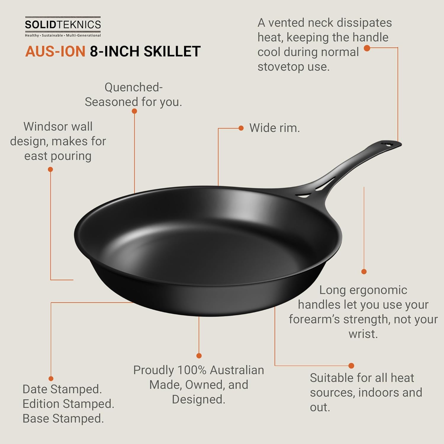 AUS-ION 8-Inch Skillet Cookware - Nonstick, Lightweight, Ergonomic Handle, Ideal for Frying, Baking, Grilling - Pre-Seasoned Pan - Suitable for All Heat Sources, Made in Australia