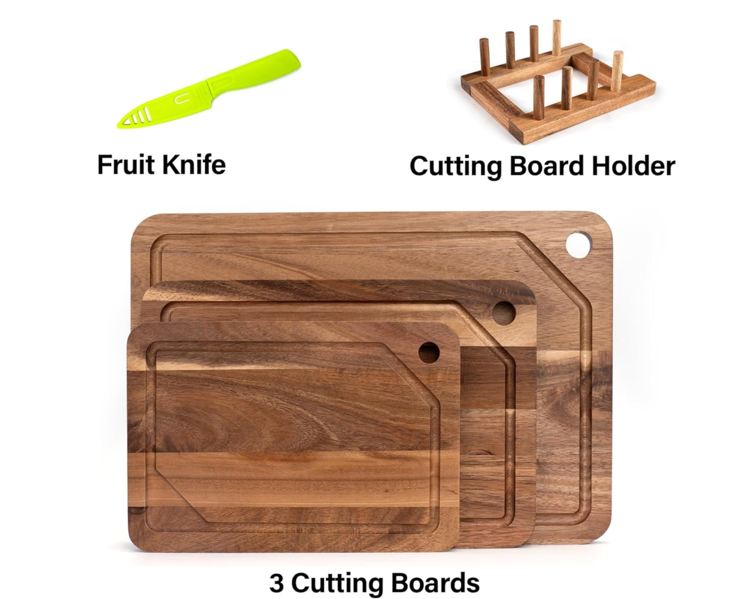 Timber Cutting Board (Set of 3) with Stand