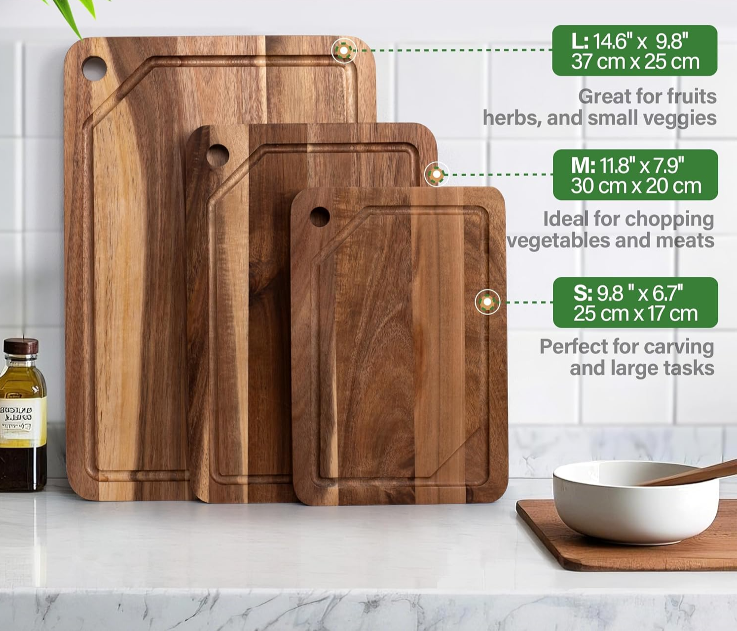 Timber Cutting Board (Set of 3) with Stand
