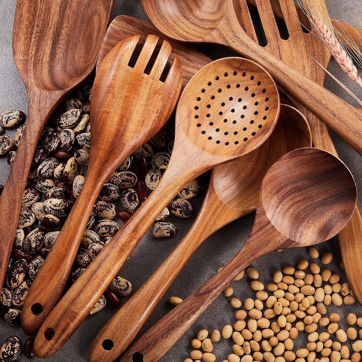 Wooden Kitchen Utensils Set, 9 PCE Natural Teak Wooden Spoons for Non-Stick Pan for Cooking,
