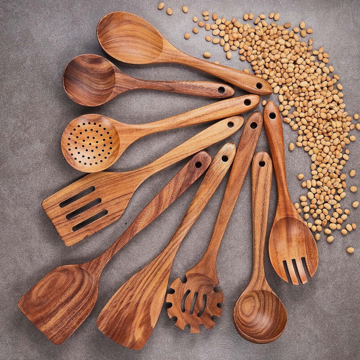 Wooden Kitchen Utensils Set, 9 PCE Natural Teak Wooden Spoons for Non-Stick Pan for Cooking,