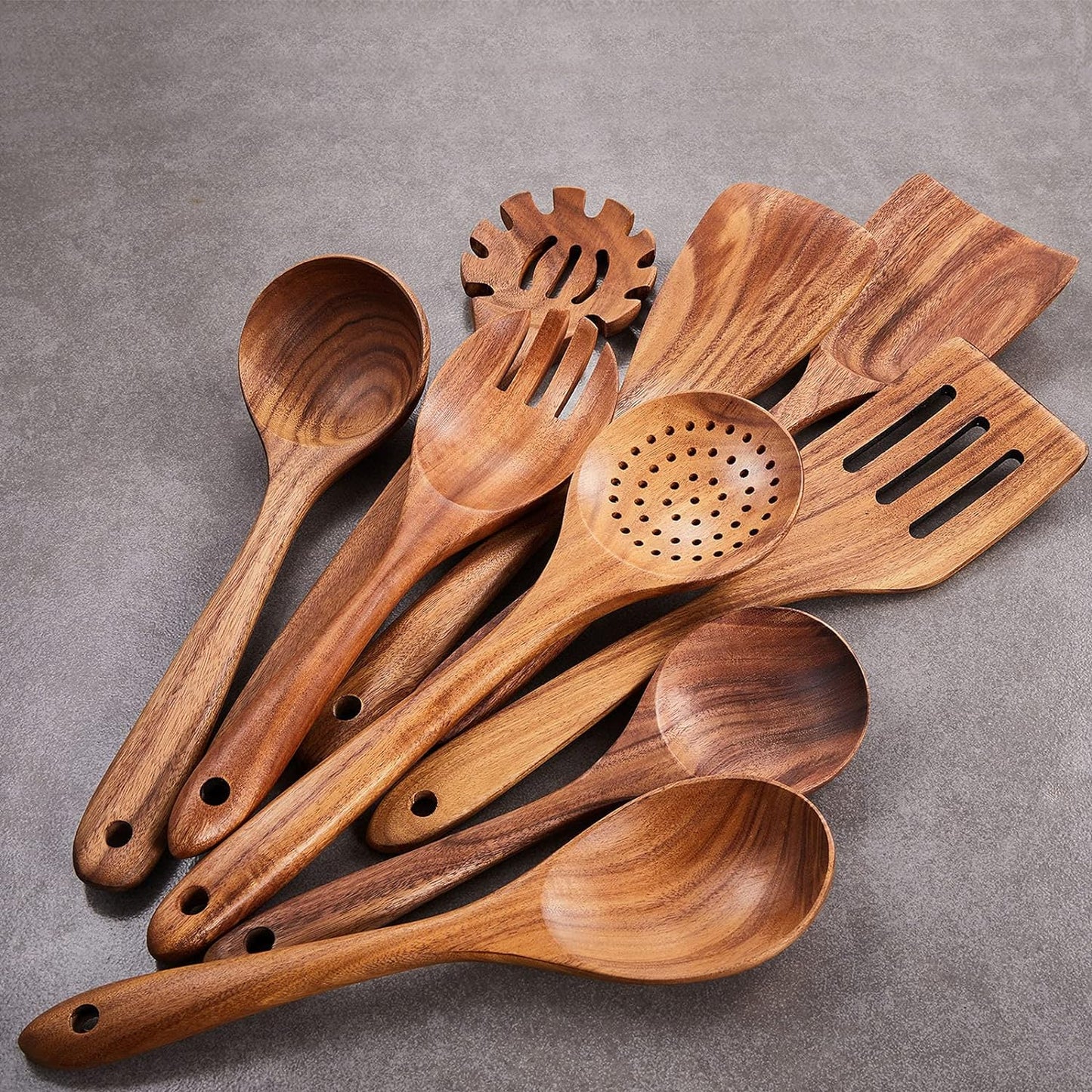 Wooden Kitchen Utensils Set, 9 PCE Natural Teak Wooden Spoons for Non-Stick Pan for Cooking,