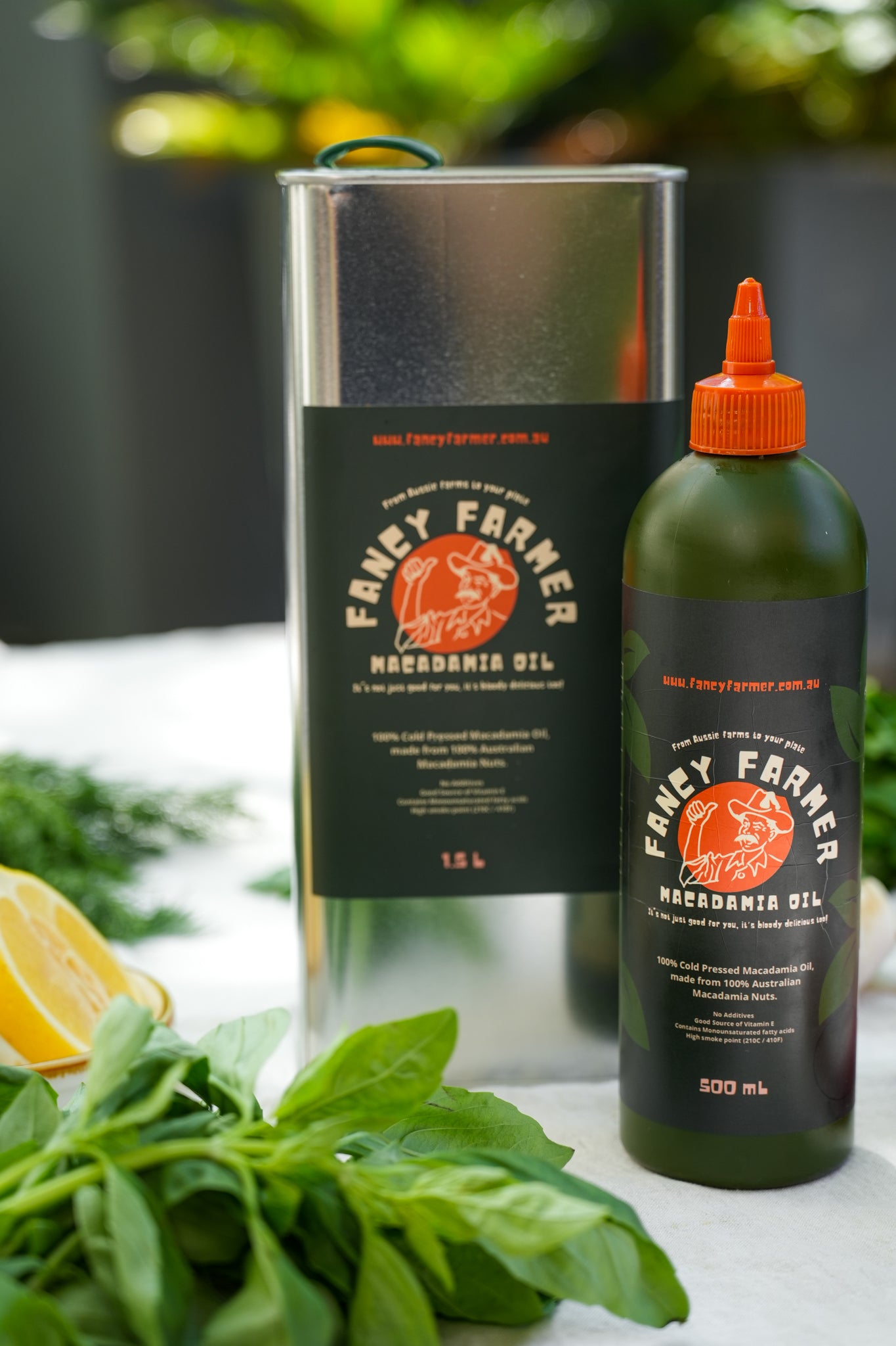 Fancy Farmer cold pressed macadamia oil 500ml plus 1.5L tin