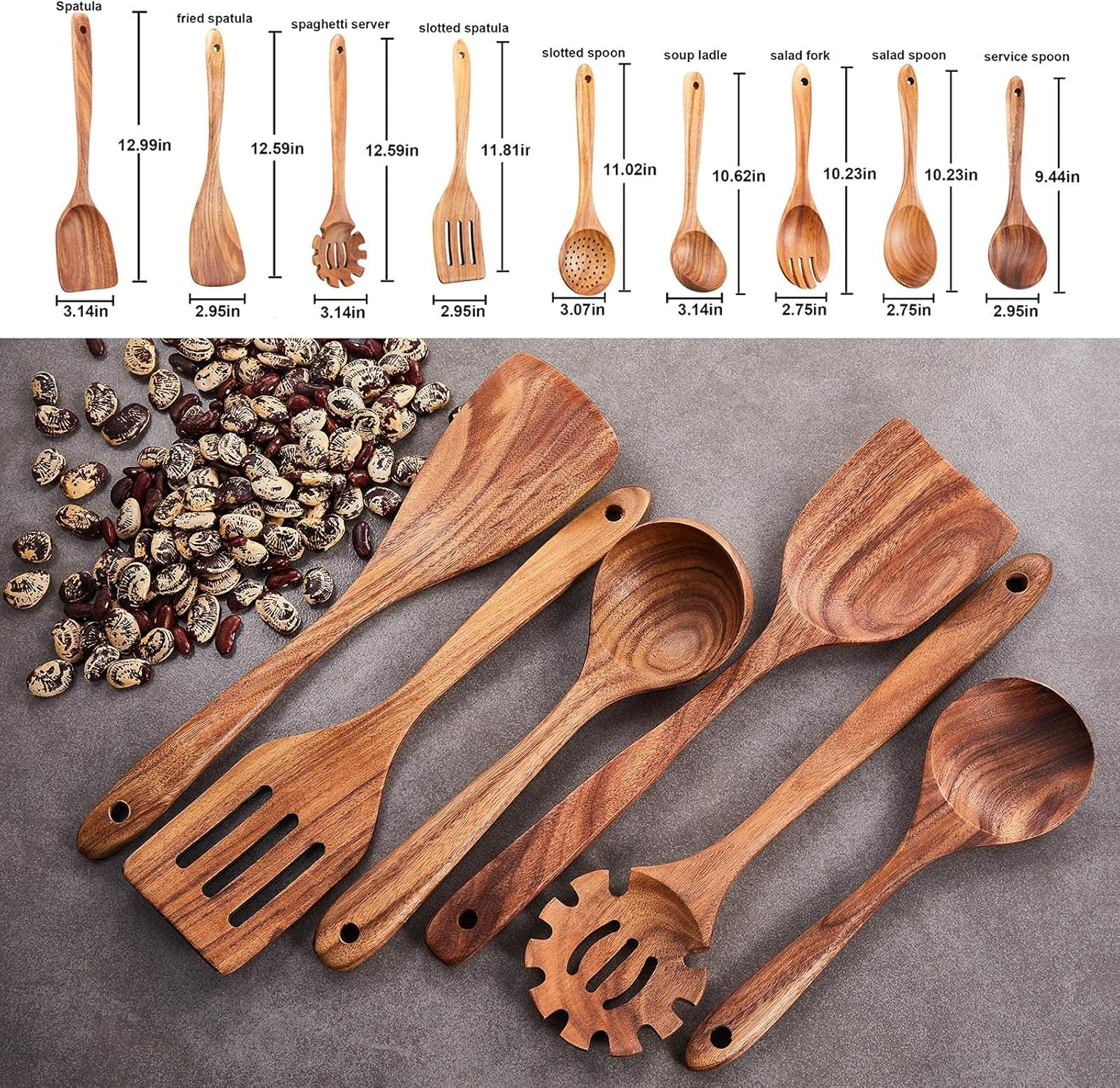Wooden Kitchen Utensils Set, 9 PCE Natural Teak Wooden Spoons for Non-Stick Pan for Cooking,