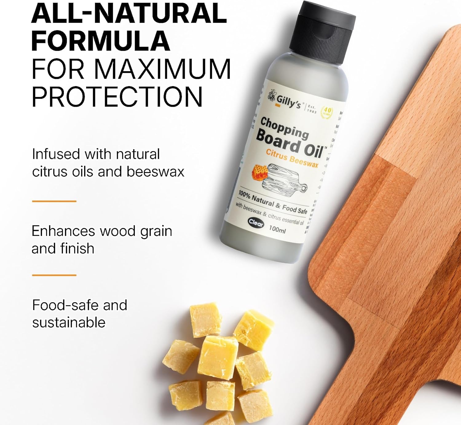 Chopping Board Oil, Citrus Beeswax 100mL | Food Safe Oil for Wooden Chopping Board & Bamboo Boards | Australian Made Cutting Board Oil for Superior Care & Protection