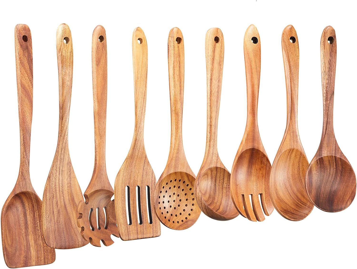Wooden Kitchen Utensils Set, 9 PCE Natural Teak Wooden Spoons for Non-Stick Pan for Cooking,